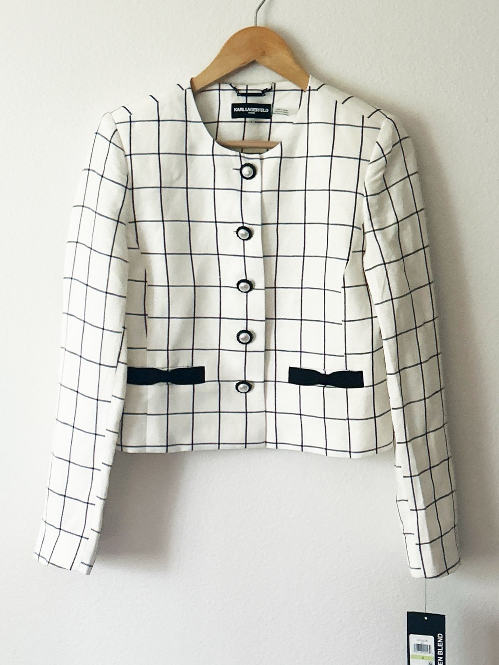 NWT Karl Lagerfeld Paris Linen-Blend Windowpane-Print Jacket